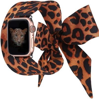 China Fanshion New Ladies Design Leopard Printing Custom Watch Band Ribbon Silk Watch Band For Apple Watch for sale