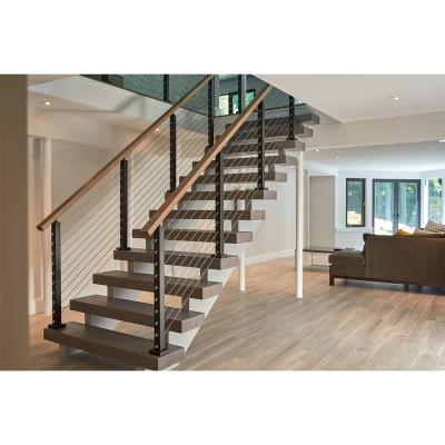 China 2023 Modern Design Stringer Staircase System Interior Straight Modern Wood Floating Stair Tread Steps and Cable Railing Staircase for sale