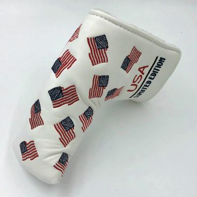 China Durable Custom Leather Golf Putter PU USA Flag Logo Head Cover With Hook And Loop for sale