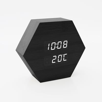 China Factory Sale Wooden Hexagonal Desk Alarm Clock Calendars JIMEI H6004 Sound Control LED Digital Led Alarms 3 Setting Light for sale