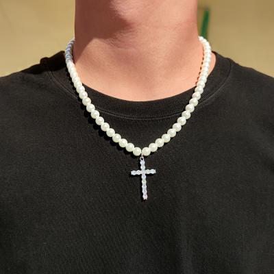 China Fashion Pearl Necklace Jewelry Environmental Friendly Women Iced Out Glass Bead Chain Cross Pendant Necklace for sale