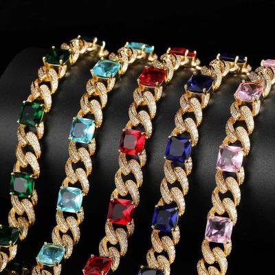 China Hiphop 12mm Hip Hop Gemstone Iced Out Cadena Cubana Women Cuban Link Choker Chain Necklace for sale