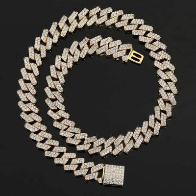 China Environmental Friendly 15mm Iced Out Brass Cuban Link Chain Gold Plated Jewelry Zircon Fork Pave Cuban Necklace Hiphop Jewelry for sale