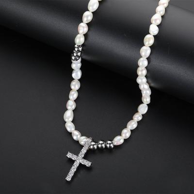 China Environmentally Friendly Trendy Freshwater Pearl Necklace For Men Stainless Steel Iced Out Silver Pearl Cross Pendant Necklace for sale