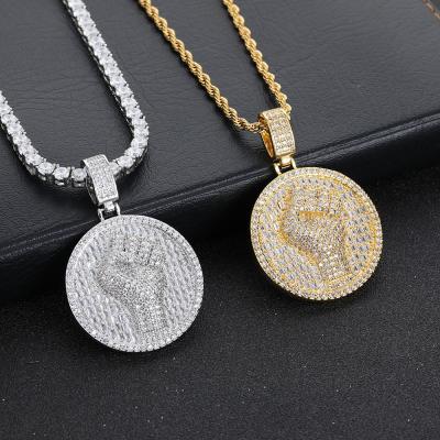 China Hiphop Hip Hop Diamond Pendant Iced Out Bling CZ Gold Plated Fist Pendant Necklace For Women And Men for sale