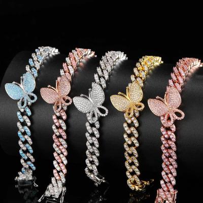 China Environmental Friendly Butterfly Cuban Link Anklet 9mm Iced Out Cuban CZ Anklets Women Hip Hop Foot Jewelry for sale