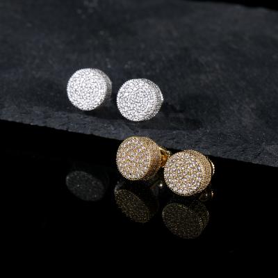 China Hip Hop Jewelry Diamond Earrings Full Pave 3A Zircon Flat Cylindrical Screw Back Earrings for sale