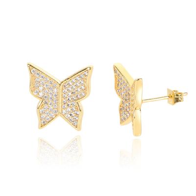 China Hiphop Women's Hip Hop Zircon Earrings Iced Out CZ Butterfly Stud Earrings for sale