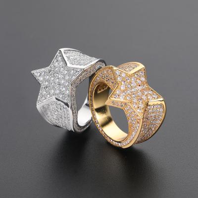 China Hip Hop Jewelry Diamond Rings Full Pave 3A CZ Environmental Friendly Five Stone Pointed Star Iced Out Rings For Men for sale