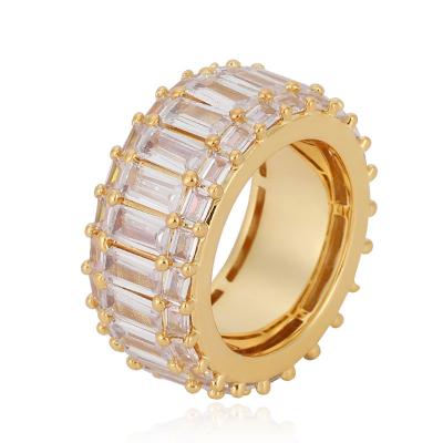 China Environmental Friendly 11mm Width Hip Hop CZ Finger Rings Iced Out Luxury Gold Plated Wand Rings for sale