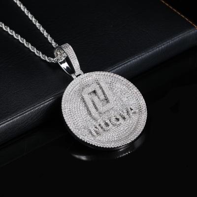 China Custom Circle Shaped Disc Diamond Pendant Iced Out Zircon Name Pendant Necklace Environmentally Friendly Hip Hop Letter For Men for sale