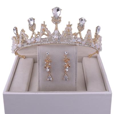 China FASHIONABLE Popular Elegant Crystal Handmade Bridal Crown Earrings Pearl Bridal Jewelry Set Accessories Set For Women for sale