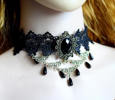 China Environmental Friendly Black Lace Collar Women's Punk Party Dress Gemstone Queen Necklace Jewelry for sale