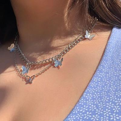 China Environmentally Friendly Simple Necklace Women's Creative Rhinestone Butterfly Double Layer Combination Necklace for sale