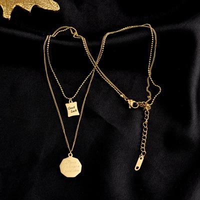 China Environmentally Friendly INS Gold Stainless Steel Good Luck Square Small Two Layers Clavicle Chain Necklace For Women Jewelry Wholesale for sale