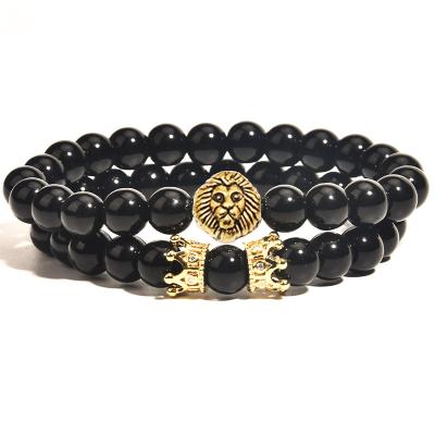 China Environmentally Friendly Hot Selling Men's Lion Head Bracelet and Crown Bracelet 8mm Black Agate Beaded Bracelet for sale