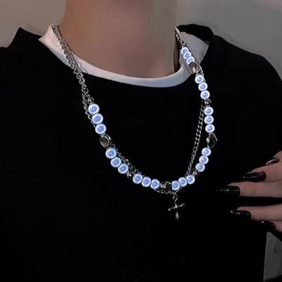 China Retro Environmental Friendly Fashion Design Double Layered Cross Bead Stainless Steel Reflective Pendant Necklace for sale