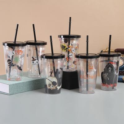 China US Gauge Cartoon DOUBLE WALL Double Wall Insulated Straws Matching Halloween Theme Gift Plastic Cup for sale