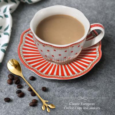 China Sustainable Template Dot And Vertical Stripes Pattern European Ceramic Coffee Cup And Saucer Set for sale