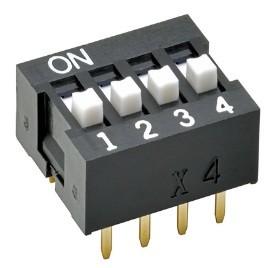 Cina DIP switch di A6E-4104-N OMRON SMD fuori dai perni alzati del PC dello scorrevole 0.025A 24VDC di SPST 4 in vendita