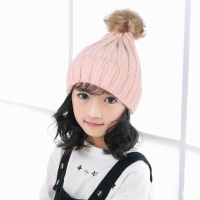 China JOINT Vertical Fur Ball Autumn And Winter Beanie Hats Kids Vertical Striped Warm Knit Baby Winter Hat for sale