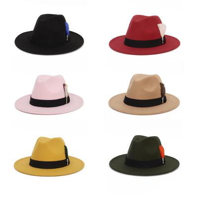 China Retro Classic Plush Felt Jazz Hat Fedora Hat Wide Brim Panama For Women Men Khaki Black Top Hat for sale