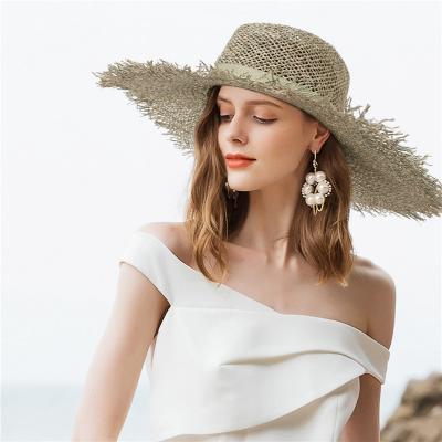 China Women Striped Salt Grass Straw Sun Hat With Hollow Out Breathable Wide Brim Beach Ribbon Summer UV Hat Hats Fashionable for sale