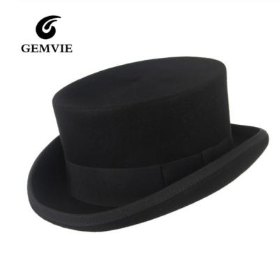 China 11cm Plush Size 100% Wool Felt Top Hat Black Cylinder Hat For Women Topper Mad Hatter Party Costume Fedora Men's Magician Hat for sale