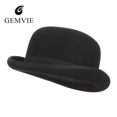 China 100% Plush Wool Felt Derby Bowler Hat Black For Party Women Men Satin Striped Fashion Formal Costume Magician Hat Fedora for sale