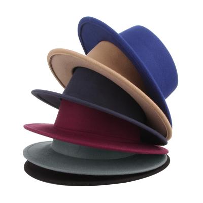 China New Plush Fashion Straw Hat Flat Top Hat For Women Men Felt Wide Brim Fedora Gambler Bowler Hat for sale