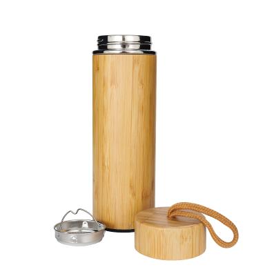 China Sustainable Popular Eco-Friendly Vacuum Insulated Bamboo 480ML Flask With Tea Infuser And Strainer for sale