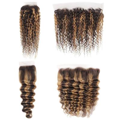 China CURLY Hand-tied Lace Up Closure 4x4 Inch And 13X4 Inch For Various UnpreceededVirgin Human Hair In Deep Wave Kinky Curly Highlight Color for sale