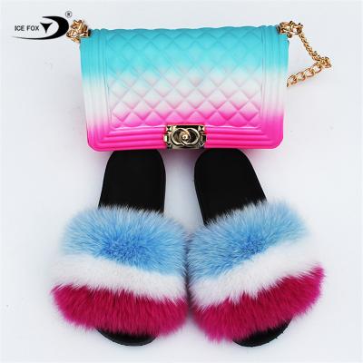 China 2021 New Soft Genuine Fur Slippers Women PVC Jelly Bag Handbag Set Summer Fox Fur Sandals Anti-odor 2021 for sale