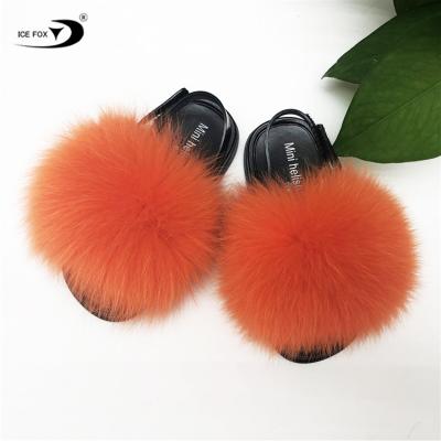 China Wholesale Soft Insulative Fox Raccoon Toddler Baby Kids Fur Slides Real Fur Slippers Baby Fur Sandals for sale