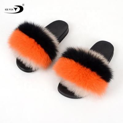 China 2021 Anti-Smell Hot Sale Free Sample Women Fur Slips Ladies Fashion Fox Fur Sandals Real Fur Flat Slippers for sale