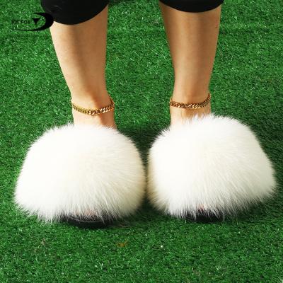 China Anti-Smell Big Fluffy Fur Slides Bulk Warmest Real Fox Fur Slides Real Fur Slippers for sale