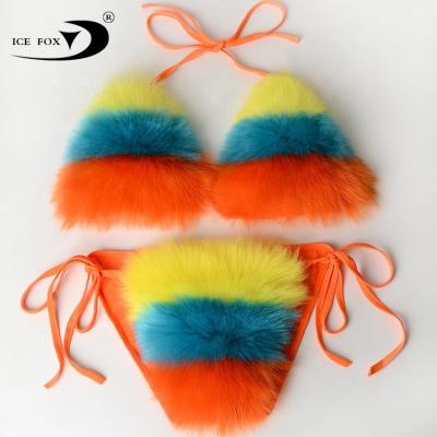 China OEM Real Fur Women's Fluffy Fur Bikini Set Beach Breathable Underwear Bra Bikini Bra Fox Fur Bikini Set for sale