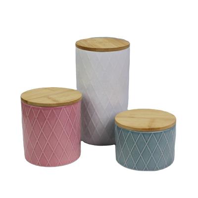 China Air Tight Ceramic Canister Set Coffee Tea Sugar Food Storage with Bamboo Lid Porcelain Jar Container, Gift for Women, Round Set of 3 for sale