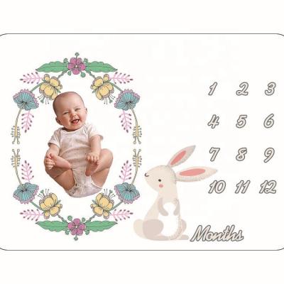 China Newborn Baby Anti-Static Gift Wraps Custom Design Flannel Rabbit Milestones Mat Blanket for sale