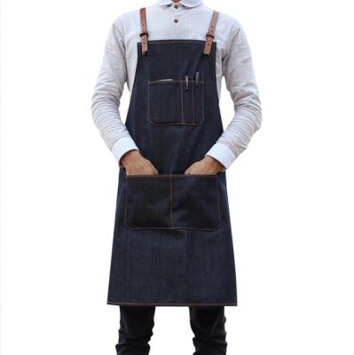 China Dark Blue Eco-Friendly Denim Garden Chef Kitchen Baking Leather Apron for sale