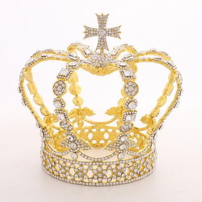 China Wedding New Hot Selling Alloy Beauty Pageant Cross Round Crown King Queen Rhinestone Crystal Bride Headdress for sale