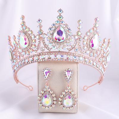 China Wedding headdress ab earrings rhinestone rhinestone beauty pageant bride wedding headdress luxury high-end crystal crown for sale