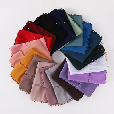 China Fast Shipping Polyester Pearl Scarf Solid Color Muslim Scarves With Pearls Simple Bubble Sheer Chiffon Hijab Shawls Hijab Lady Scarf for sale