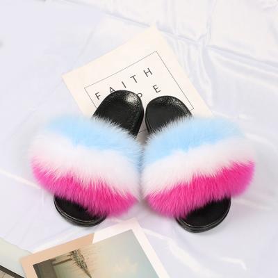 China Waterproof Lounge Slippers Fox Fur Slides Women Smudge Fur Slides for sale