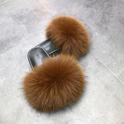 China Waterproof real fox fur slips wholesale fur slippers for women and kids for sale