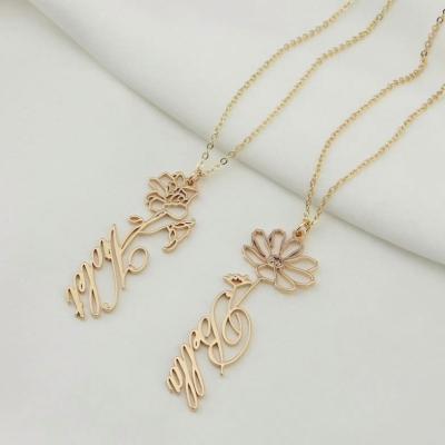 China TRENDY Custom Name Flower Necklace Gold Plated Anniversary Stainless Steel for sale