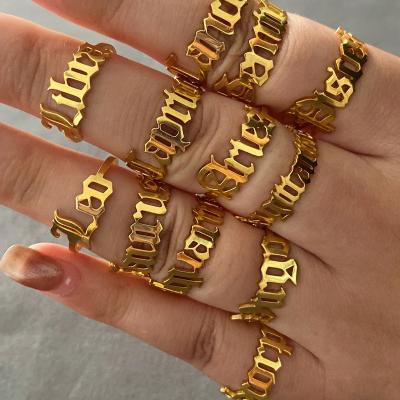 China FASHIONABLE 18K Gold Plated 12 Old English Zodiac Stainless Steel Rings for sale