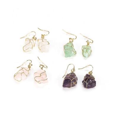 China FASHIONABLE For Women Hand Gem Earrings Natural Stone Tumbled Rough Wire Wrap Crystal Earrings Mineral for sale