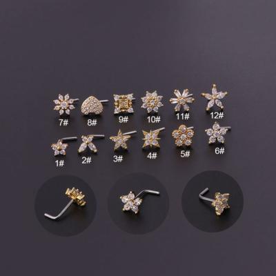 China 2022 NEW Body Jewelry Stainless Steel Flower Heart S Screw Piercing Nose Rings FASHION L Straight Nose Pin Bend Nose Stud Designer for sale