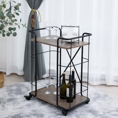 China 2 Tier Retro Bar Cart Modern Black Metal Serving Cart Industrial Wood Bar Cart Furniture for sale